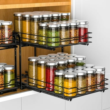 BOIVSHI Double Pull Out Spice Rack Organizer for Cabinet,Slide Out Shelf,Multi Purpose Kitchen Cabinet Organizer, Black