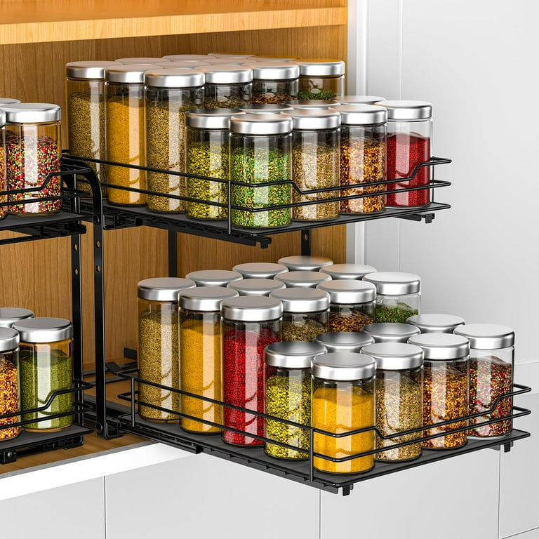 BOIVSHI Double Pull Out Spice Rack Organizer for Cabinet Slide Out Shelf Multi Purpose Kitchen Cabinet Organizer Black