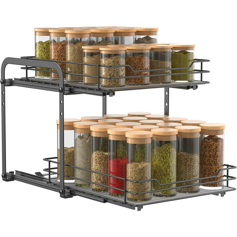 BOIVSHI Double Pull Out Spice Rack Organizer for Cabinet Slide Out Shelf Multi Purpose Kitchen Cabinet Organizer Black