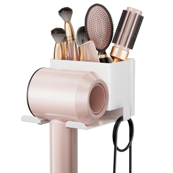 BOIVSHI Hair Dryer Holder Wall Mounted,Blow Dryer Holder for Bathroom, Metal Hair Dryer Rack, Muti-Function Hair Tool Organizer(White)