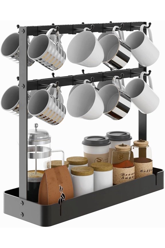 Mug Holder, 2 Tier Mug Rack with 16 Movable Hooks, with Storage Base Coffee Cup Holder for Countertop, Black