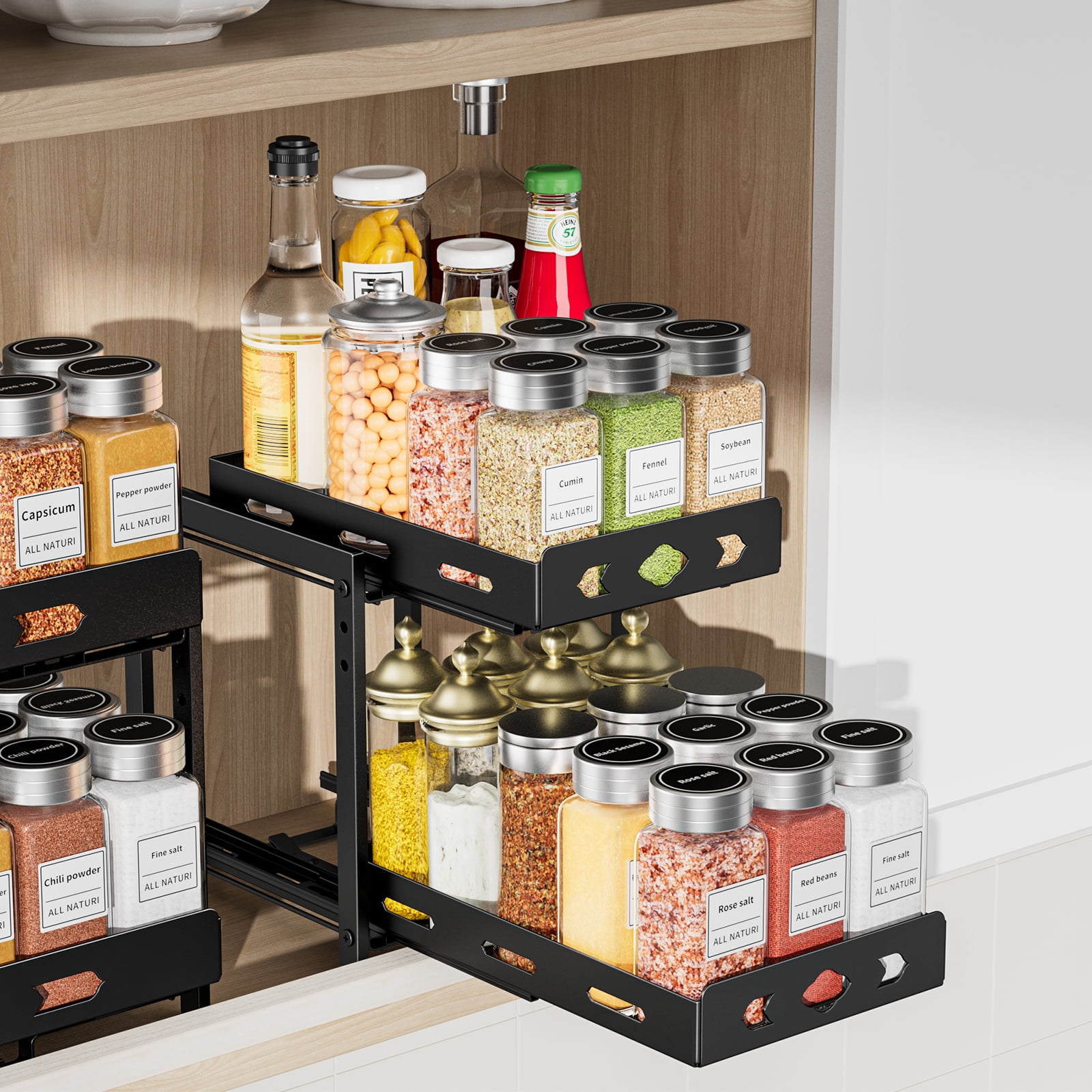 BOIVSHI 2 Tier Pull Out Spice Rack Kitchen Cabinet Organizer Slide Out Pantry Storage Shelves Black Walmart