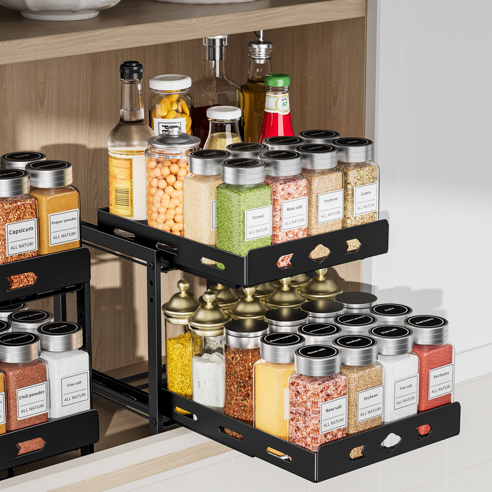 BOIVSHI Pull Out Spice Rack Organizer for Cabinet, 2-Tier Heavy Duty Slide Out Spice Rack for Inside Cabinets & Pantry, Kitchen Seasoning Organizer Vertical Spice Racks,9.7''Wx10.8''Dx9.2''H,Black
