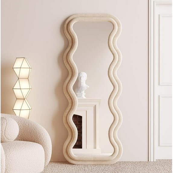 BOJOY Full Length Irregular Wavy Mirror 63"x24", Arched Floor Mirror Standing Hanging or Leaning Against Wall for Bedroom, Flannel Wrapped Wooden Frame -Light Coffee