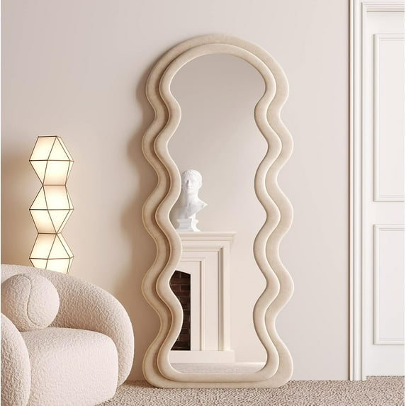 BOJOY Full Length Mirror , Irregular Wavy Mirror, Wave Arched Floor Mirror, Wall Mirror Standing Hanging or Leaning Against Wall for Bedroom, Flannel Wrapped Wooden Frame Mirror