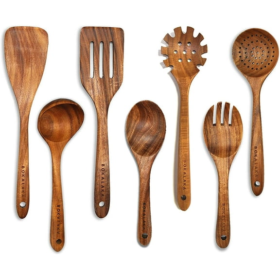 BOKALAKA Wooden Spoons for Cooking, Wooden Utensils for Cooking 7 Pcs Natural Teak Wooden Kitchen Utensils Set  Wooden Cooking Utensils