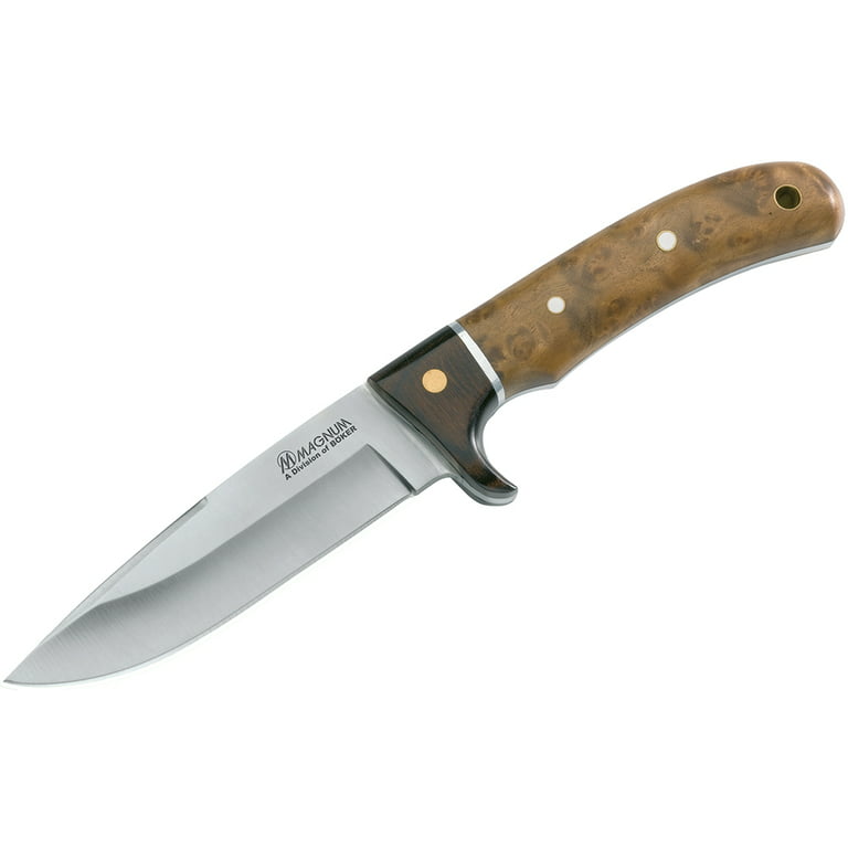 BOKER MAGNUM ELK HUNTER 4.33 FIXED 440 STAINLESS DROP POINT BLADE ROSEWOOD/  ROOT HNDL W/LEATHER SHEATH 