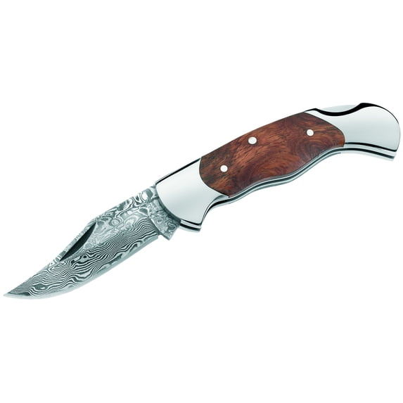 BOKER MAGNUM FOLDER 2.375" DAMASCUS CLIP POINT BURL WOOD