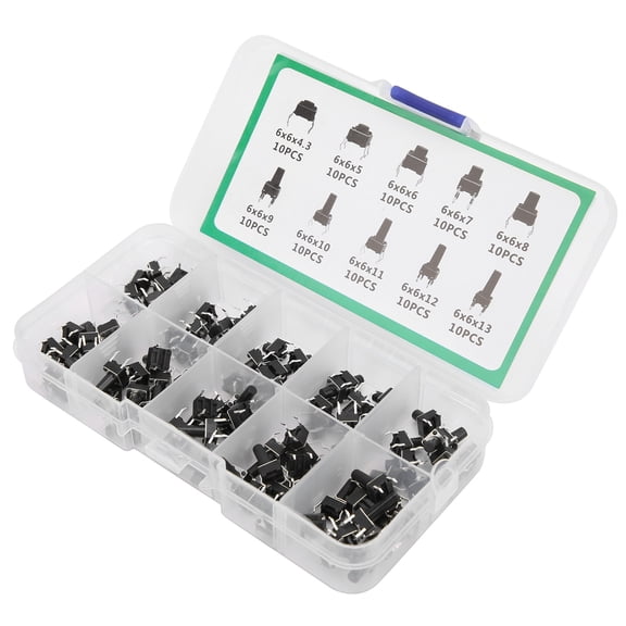 BOKYAN 100Pcs Tactile Push Button Switch Assortment Kit 10 Sizes Micro Key Switches for TV Audio Computer Electronic Control (0.24 x 0.24 x 0.17-0.51 inches / 6 x 6 x 4.3-13 mm)