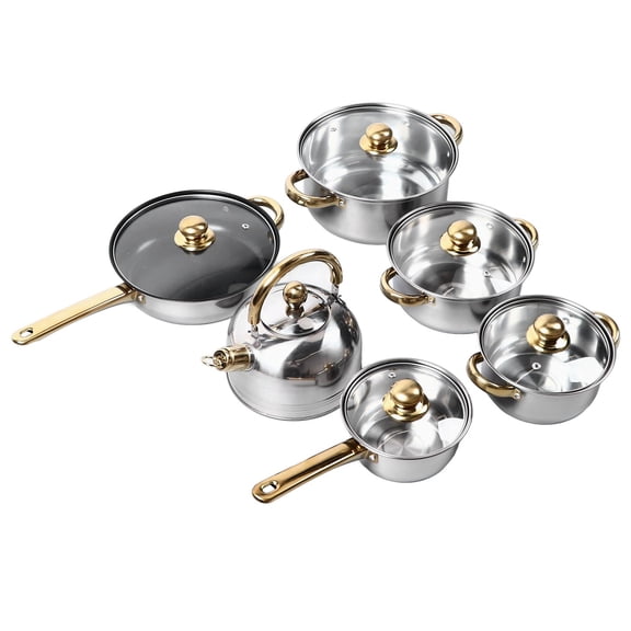 BOKYAN 12Piece Stainless Steel Cookware Set GoldHandle Pots, Pans & Cups, HeatResistant, EasyClean, Versatile for All Cooktops