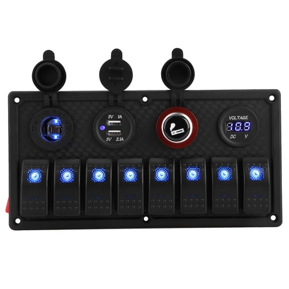 BOKYAN 12V 24V 8 Gang Car Boat LED Rocker Switch Control Panel Dual USB Voltmeter Cigarette Lighter