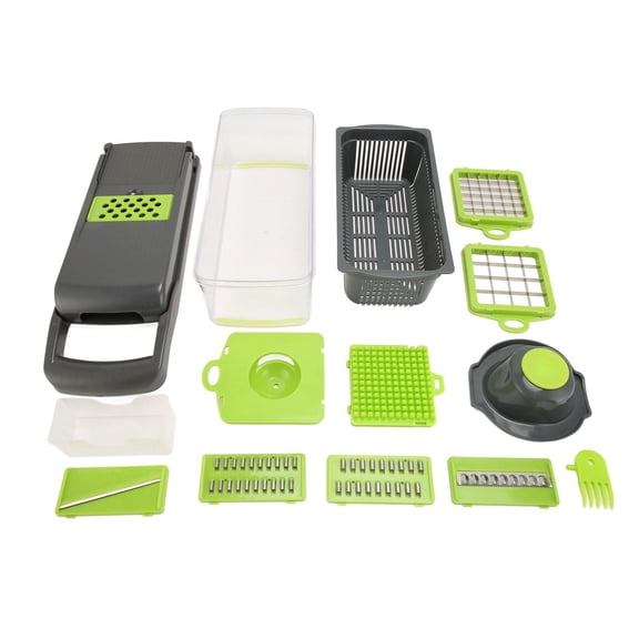BOKYAN 15Piece Green Vegetable Chopper & Dicer MultiFunctional Slicer, Grinder, Strip & Shredder with Safety Guard & Wash Basket