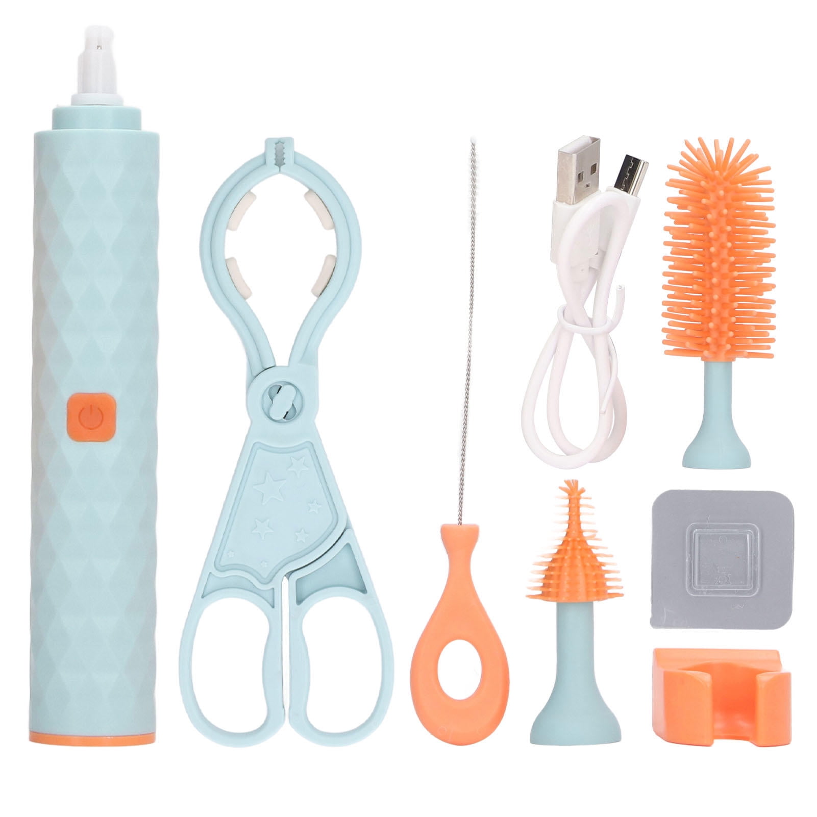 BOKYAN 2‑Speed Electric Bottle Brush Set – Waterproof, Wall‑Mounted, Multi‑Tool Cleaner with Silicone Brush, Nipple & Straw Attachments, Blue