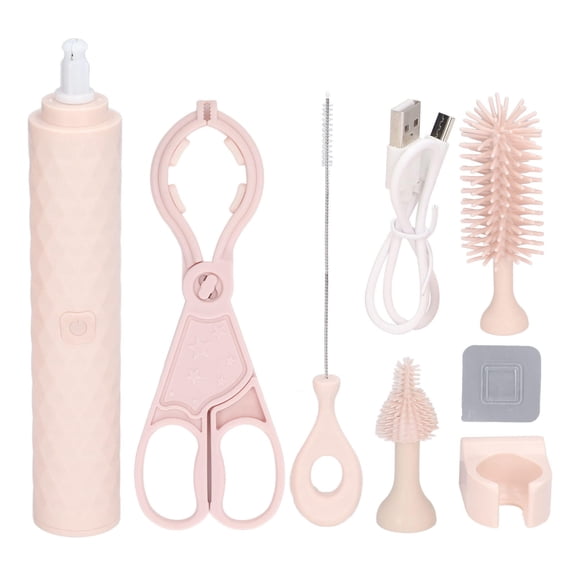 BOKYAN 2‑Speed Electric Bottle Brush Set – Waterproof, Wall‑Mounted, Pink – Includes Nipple, Straw, and Tongs