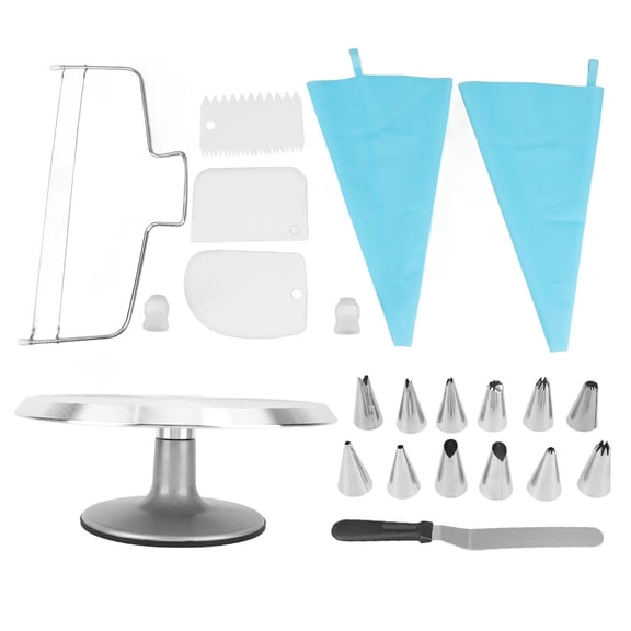 BOKYAN 22Pcs 12.2 Inch / 31 cm Aluminum Alloy Cake Turntable Cake Decorating Kit Supplies Baking Set with Rotating Stand Icing Spatula Scrapers Decorating Bags Stainless Steel Decorative Heads