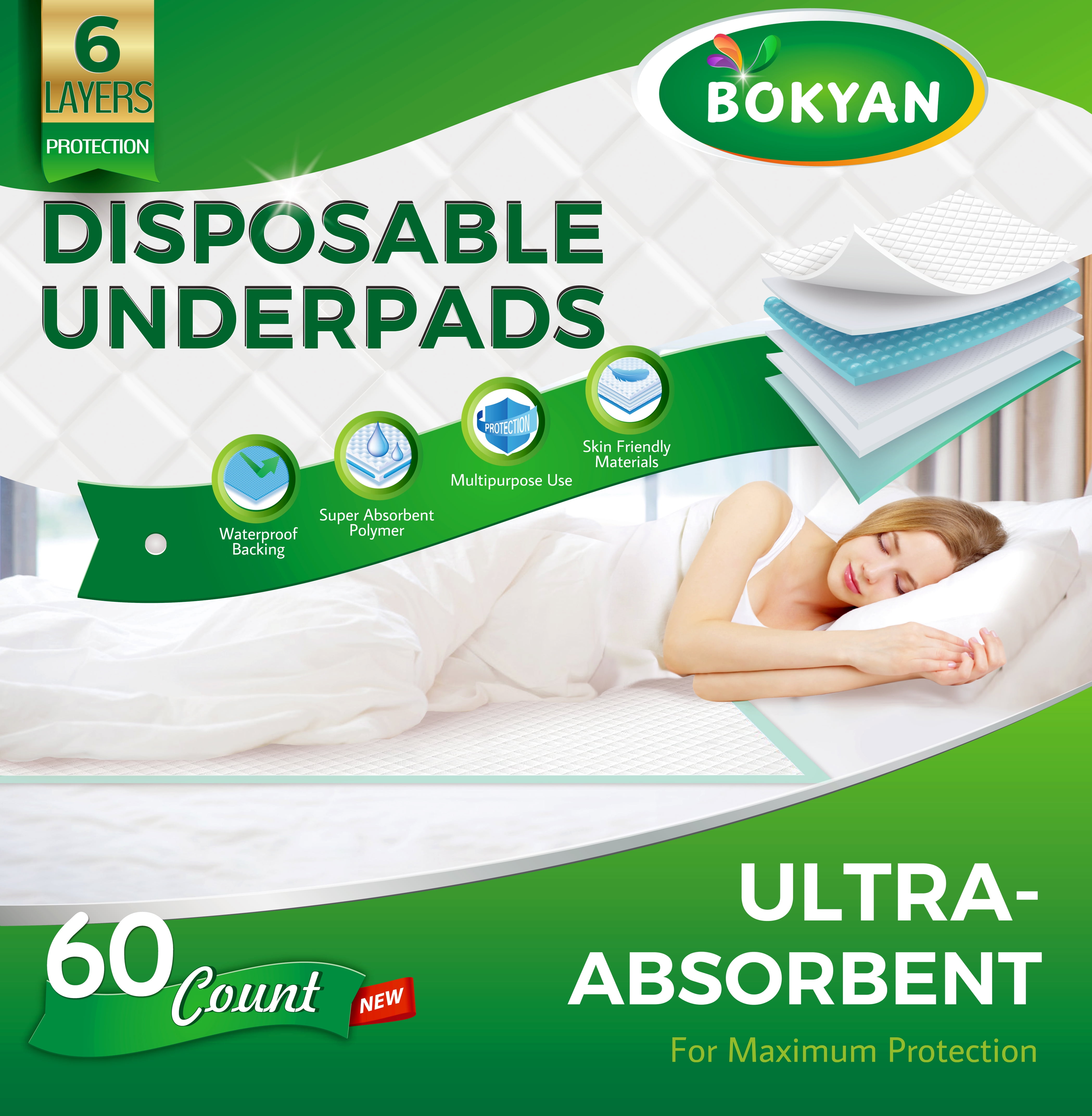 BOKYAN 23'' X 36'' Underpads Incontinence Bed Pads Disposable 60 Count