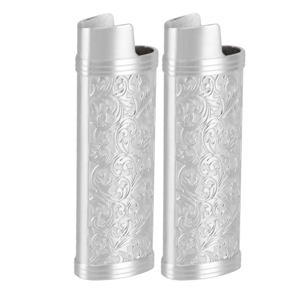 BOKYAN 2PCS Lighter Case Cover Vintage Style Floral Stamped Zinc Alloy Shell for Lighter Protection Silver (5.51 inches / 14 cm)