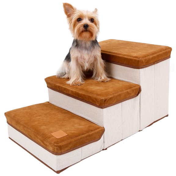 BOKYAN 3Tier Foldable Dog Stairs with BuiltIn Storage, 30kg Capacity, Soft Flannel Steps, Ideal for Couch & Bed