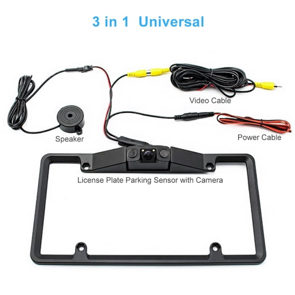 BOKYAN 3-in-1 Car License Plate Frame Backup Camera with Parking Sensor Radar, Rearview Reverse Camera, 2 LED Night Vision, Universal Fit for Vehicles with AV Interface
