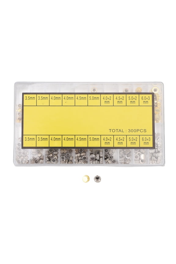 300Pcs Premium Stainless Steel Watch Crown Replacement Set, 3.5mm to 6.0mm Assorted Sizes Parts Kit with Storage Box, Professional Repair Tool Accessories for Watchmakers and Horologists