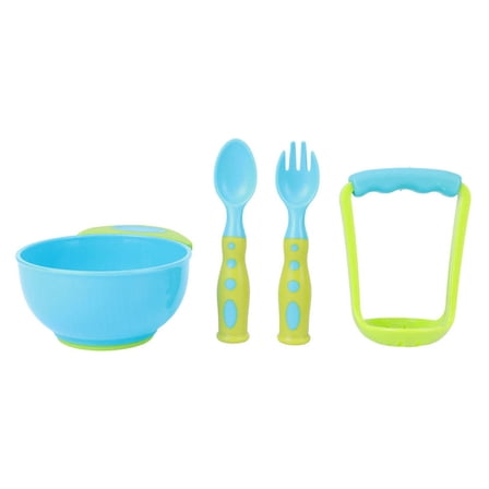 BOKYAN 4-Piece Baby Food Masher & Serve Set – Food‑Grade PP, BPA‑Free, Non‑Slip, Built‑In Fork & Spoon, Blue & Green Infant Feeding Bowl