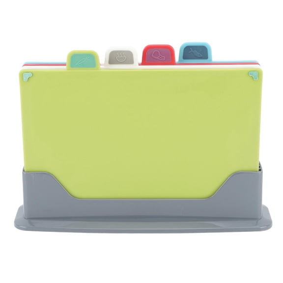 BOKYAN 4-Piece Color-Coded Plastic Cutting Board Set with Anti-Slip Rubber, Separate Uncooked/Cooked Storage Stand Safe, Durable, Food-Grade