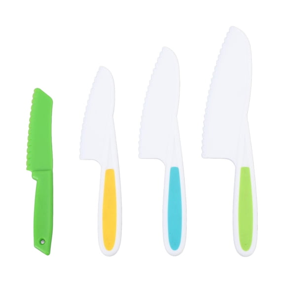 BOKYAN 4Piece Kids Kitchen Knife Set  Safe Serrated Plastic Knives for Fruit, Veggie & Butter Cutting, Colorful Handles, EasyClean, Compact Design
