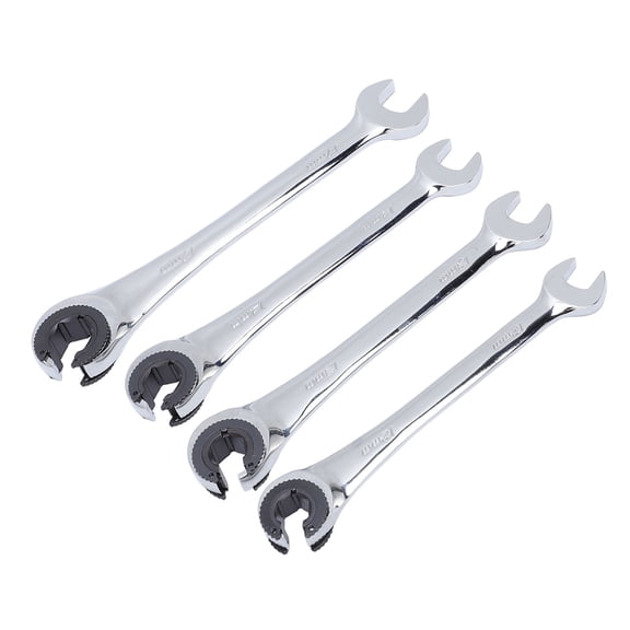 BOKYAN 4-Piece Ratcheting Wrench Set, 10-17mm Metric Open Flex Head, Adjustable Spanners for Fuel, Brake, and AC Line Nuts (6-8.5 inches / 15.2-21.6 cm) for Professional and DIY Auto Maintenance