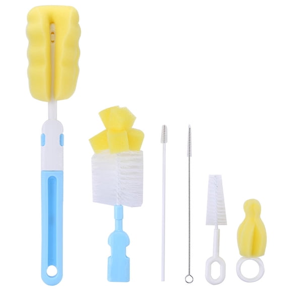 BOKYAN 6‑Piece Baby Bottle & Nipple Brush Set with Flexible Rotating Sponge Heads, Blue – Ideal for Bottles, Cups, Pump Parts