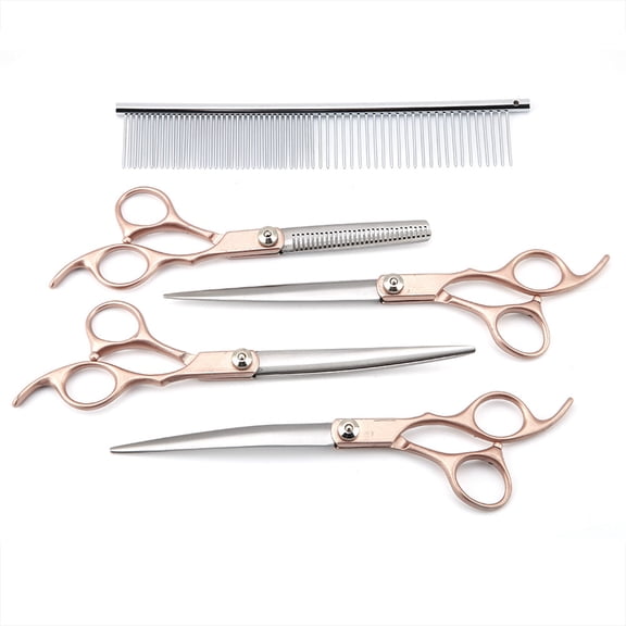 BOKYAN 7-Inch Professional Stainless Steel Pet Grooming Scissors Set with Gold Handle for Dogs and Cats - Includes Thinning, Curved, and Straight Shears with Comb & Case (7-Piece Set)