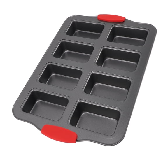 BOKYAN 8-Cavity Mini Loaf Pan Carbon Steel Non-Stick Rectangular Bread Baking Mold with Silicone Handles for Brownies, Cheesecakes, 14.4 inches / 36.5 cm