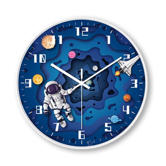 BOKYAN 8 Inch Silent Wall Clock Battery Operated Space Theme Kids Bedroom Decor Astronaut Design Round Analog Display with Non-Ticking Mechanism Modern Minimalist Style Hook & AA Battery Included