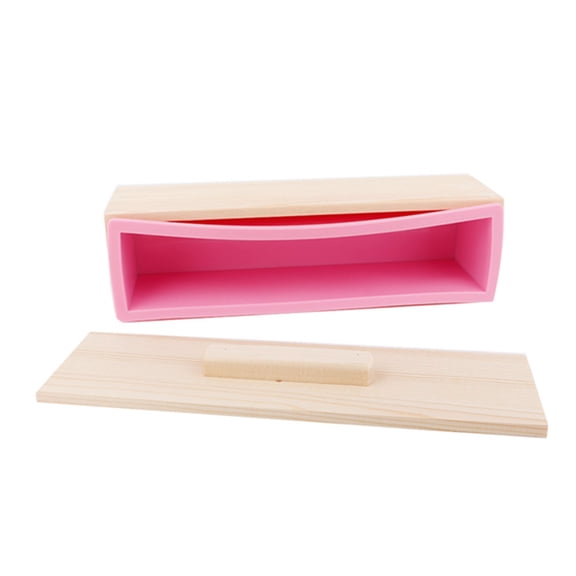 BOKYAN 900ML Large Rectangle Silicone Soap Mold with Wooden Box and Lid, Professional DIY Loaf Mold for Handmade Soap, Cake, Chocolate and Ice, Pink 10.6 x 3.1 x 2.9 inches