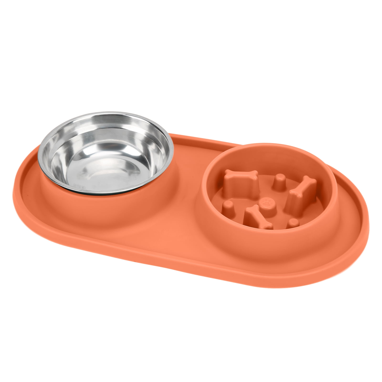 BOKYAN Anti-Skid Double Pet Bowls Silicone Slow Feeder Set with Removable Stainless Steel Water Bowl for Dogs and Cats Orange
