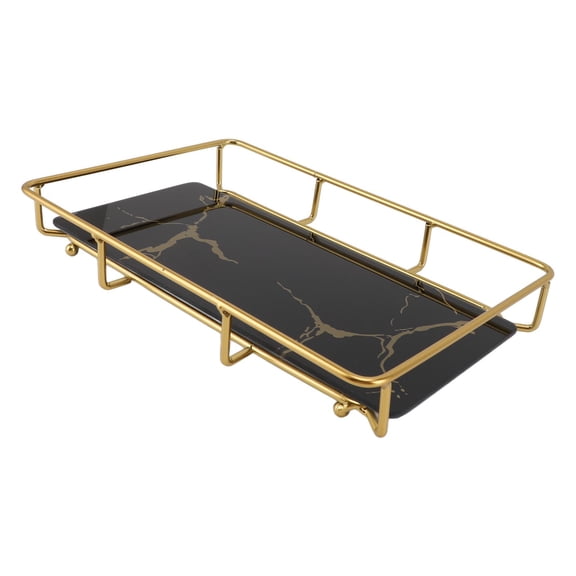 BOKYAN Bathroom Vanity Tray Modern Stylish Anti Slip Kitchen Sink Countertop Storage Organizer Iron Glass Frame Removable Cosmetic Display Plate, Black Color, Large Size (12.2 inches / 31.0 cm Width)