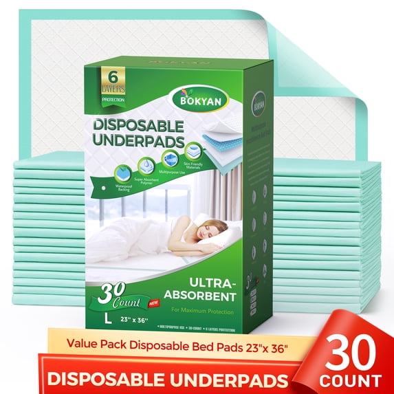 BOKYAN Bed Pads for Incontinence Disposable 23 x 36, 30 Count Waterproof Underpads, Maximum Absorbent Unisex Large Chucks Pad, Bed Liners Chux for Adults, Kids and Pets