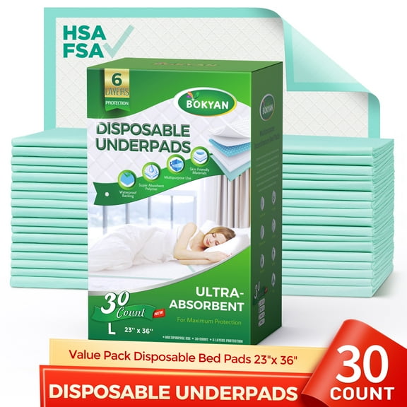 BOKYAN Bed Pads for Incontinence Disposable 23 x 36, 30 Count Waterproof Underpads, Maximum Absorbent Unisex Large Chucks Pad, Bed Liners Chux for Adults, Kids and Pets