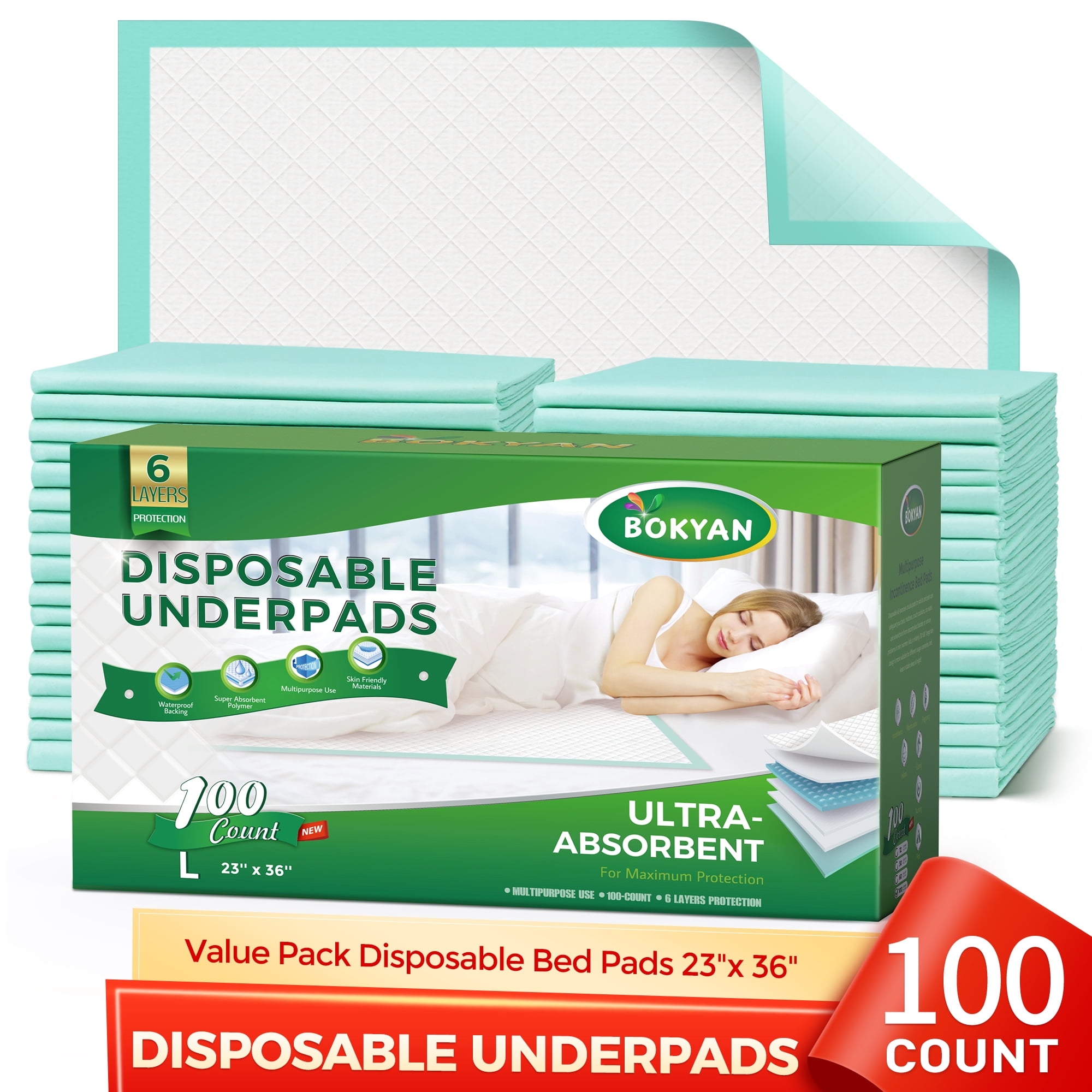 BOKYAN Disposable Underpads 23 x 36, 100 Count Bed Pads for