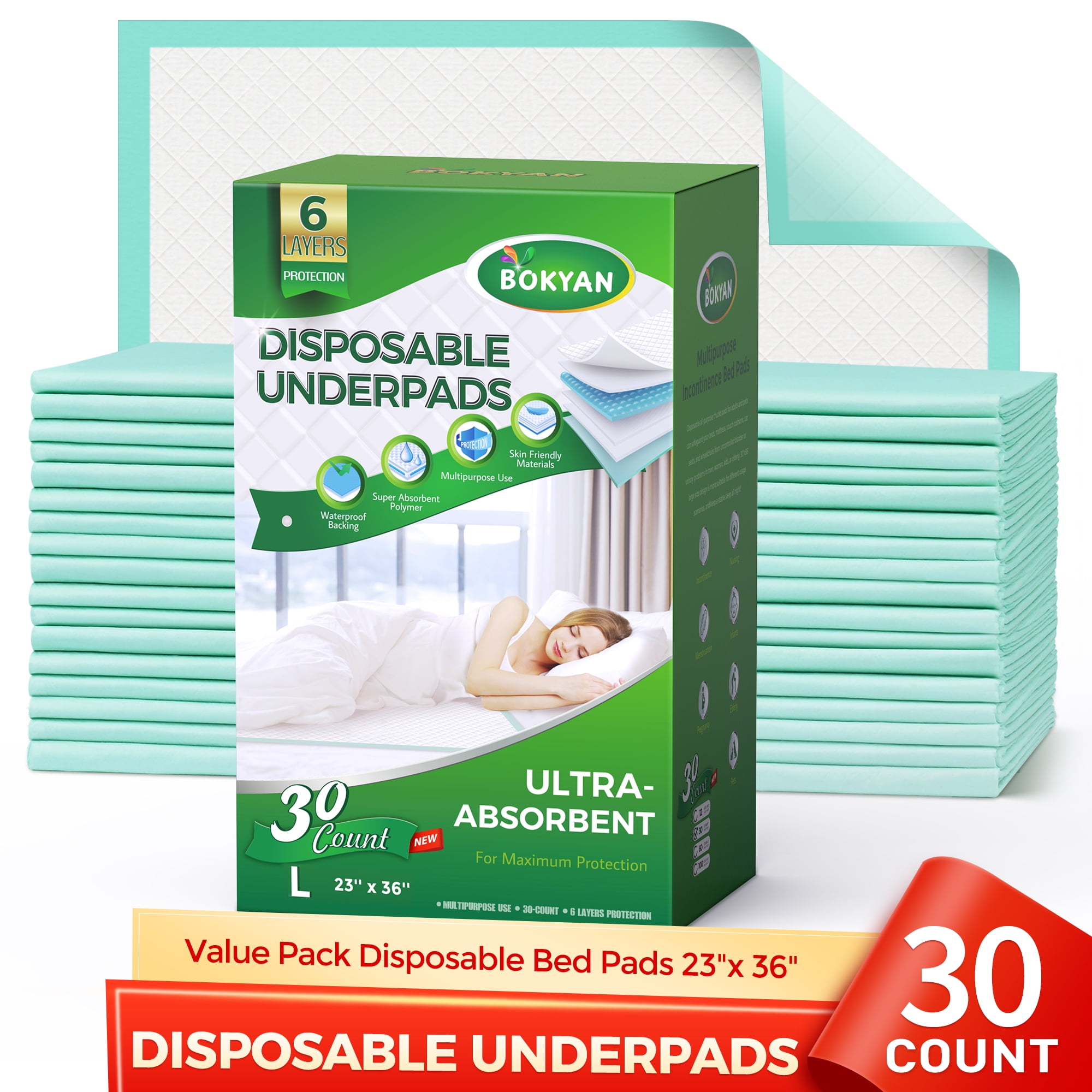 Bokyan disposable bed pads 23 x 36 30 count max absorbent
