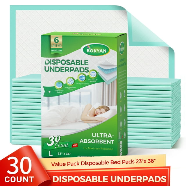 BOKYAN Bed Pads for Incontinence Disposable 23 x 36, 30 Count Waterproof Underpads, Maximum