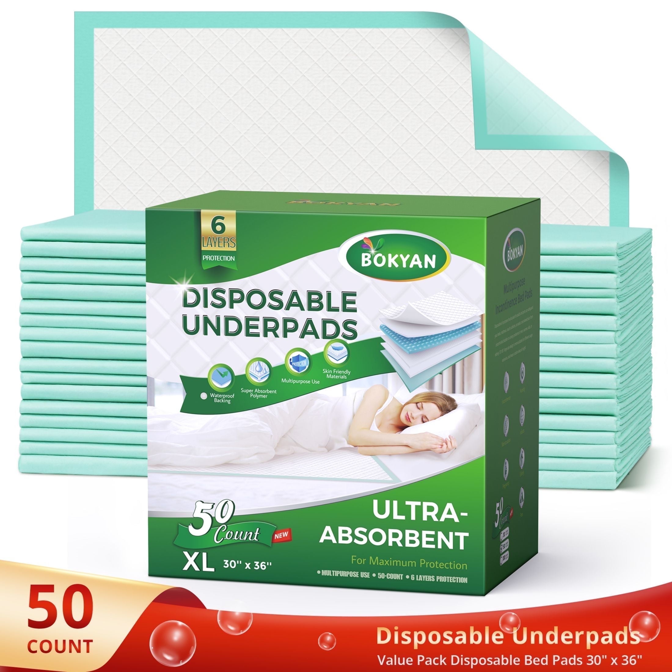 BOKYAN Bed Pads for Incontinence Disposable, 30 x 36 Waterproof Underpads, Maximum Absorbent Unisex Chucks Pad, Bed Liners Chux for Adults, Kids and Pets, XL (50 Count)