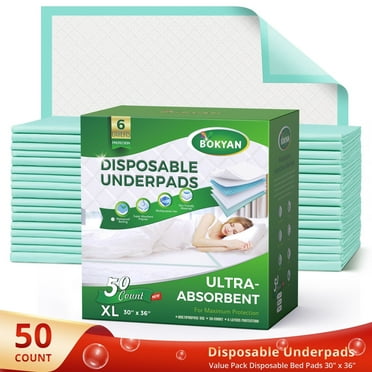 BOKYAN Bed Pads for Incontinence Disposable, 30 x 36 Waterproof Underpads, Maximum Absorbent Unisex Chucks Pad, Bed Liners Chux for Adults, Kids and Pets, XL (50 Count)