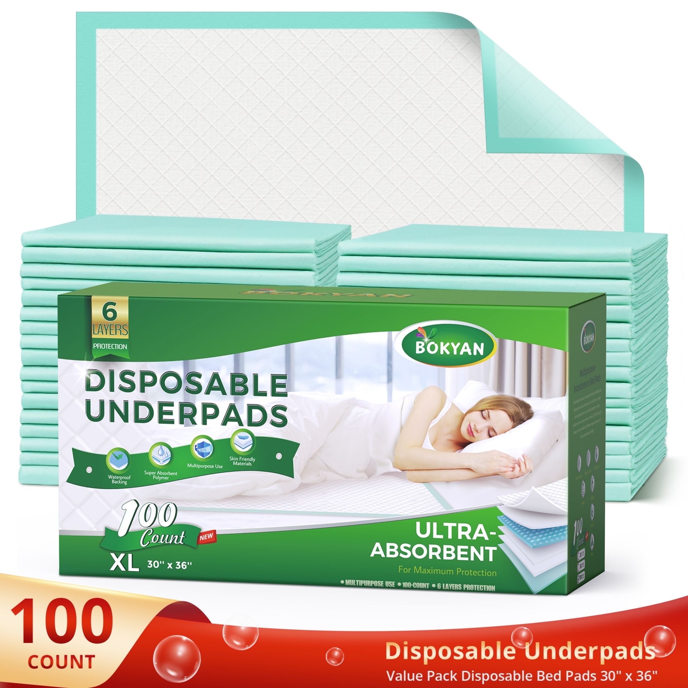 BOKYAN Bed Pads for Incontinence Disposable, 30 x 36 Waterproof Underpads,  Maximum Absorbent Unisex Large Chucks Pad, Bed Liners Chux for Adults, Kids  ...
