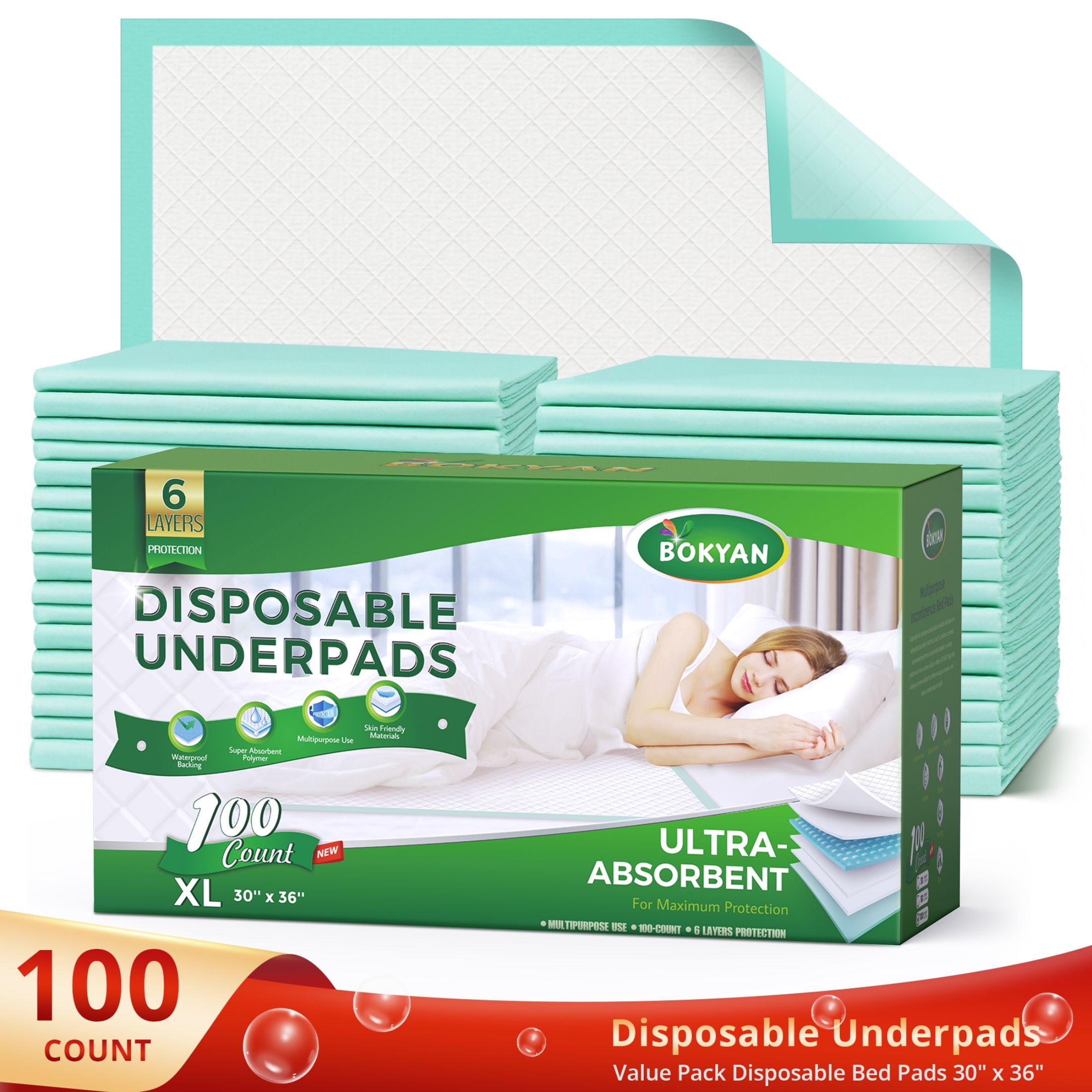 BOKYAN Bed Pads for Incontinence Disposable, 30 x 36 Waterproof Underpads, Maximum Absorbent Unisex Large Chucks Pad, Bed Liners Chux for Adults, Kids and Pets, XL (100 Count)