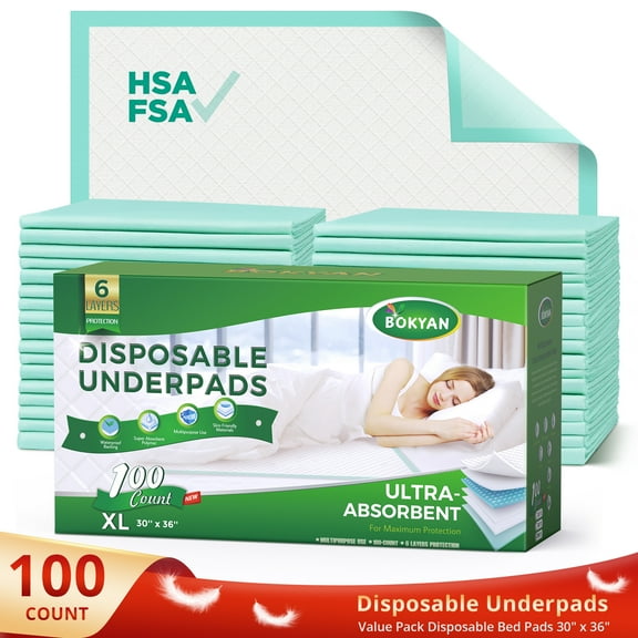 BOKYAN Bed Pads for Incontinence Disposable, 30 x 36 Waterproof Underpads, Maximum Absorbent Unisex Large Chucks Pad, Bed Liners Chux for Adults, Kids and Pets, XL (100 Count)