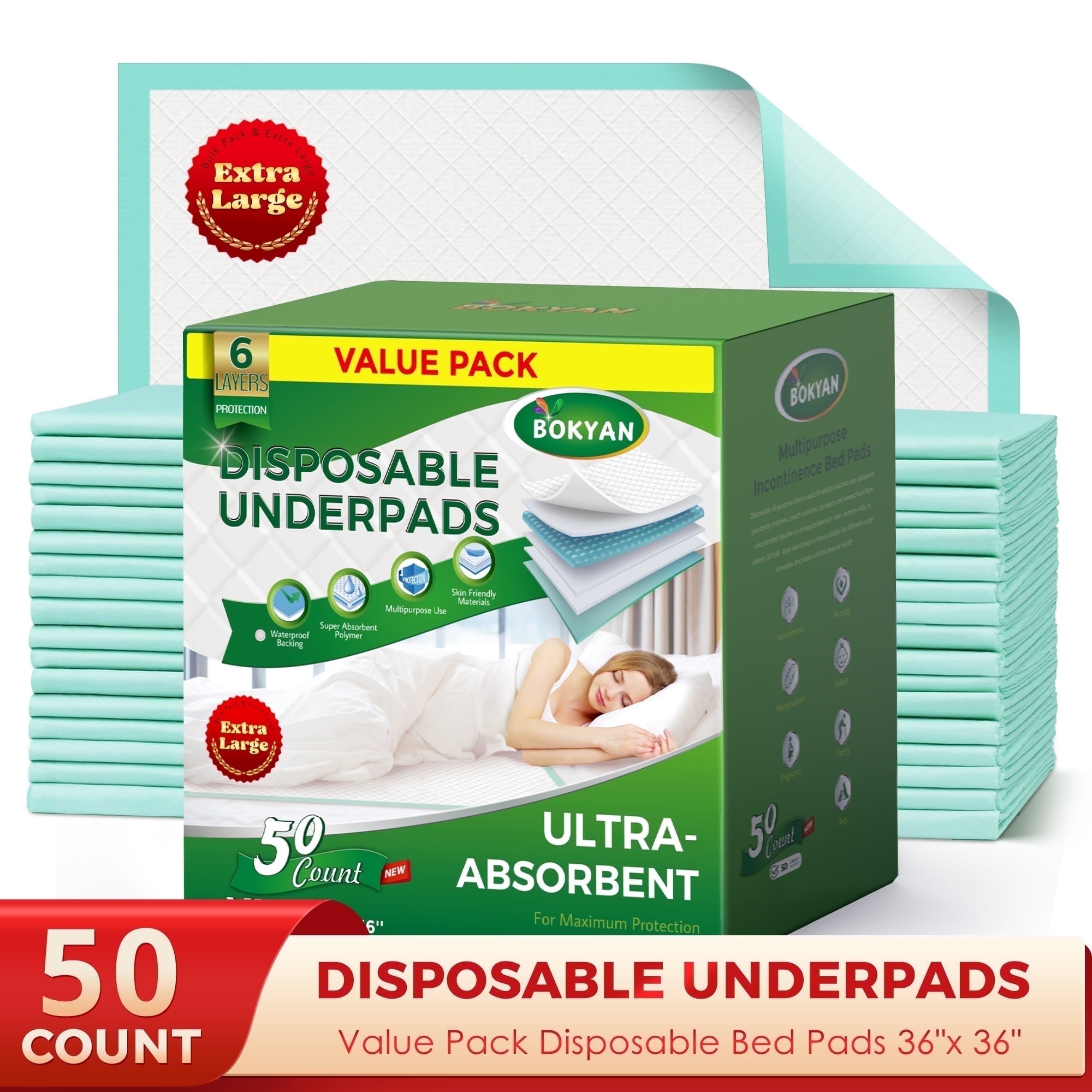 BOKYAN Bed Pads for Incontinence Disposable, 36 x 36 Waterproof Underpads, Maximum Absorbent Unisex Large Chucks Pad, Bed Liners Chux for Adults, Kids and Pets, XXL (50 Count)