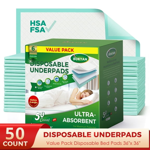 BOKYAN Bed Pads for Incontinence Disposable, 36 x 36 Waterproof Underpads, Maximum Absorbent Unisex Large Chucks Pad, Bed Liners Chux for Adults, Kids and Pets, XXL (50 Count)
