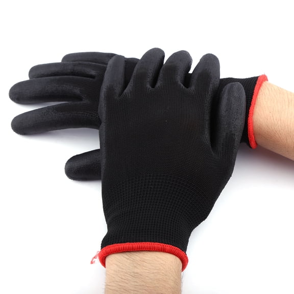 BOKYAN Black Nylon PU Safety Palm Coating Work Gloves High Elasticity Anti Static Protective Gear for Construction Warehouse Electrical and General Labors Red Strip Size M 12 Pairs Pack