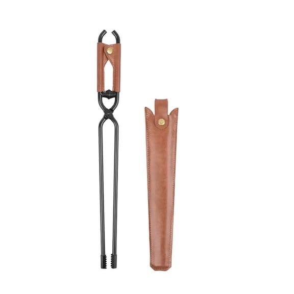 BOKYAN Carbon Steel Firewood Log Grabber Tongs with Protective Leather Handle Case Sheath, Heavy Duty Non Slip Fire Pit Campfire BBQ Grill Charcoal Clip Tool, 17.3 inches / 44 cm Long