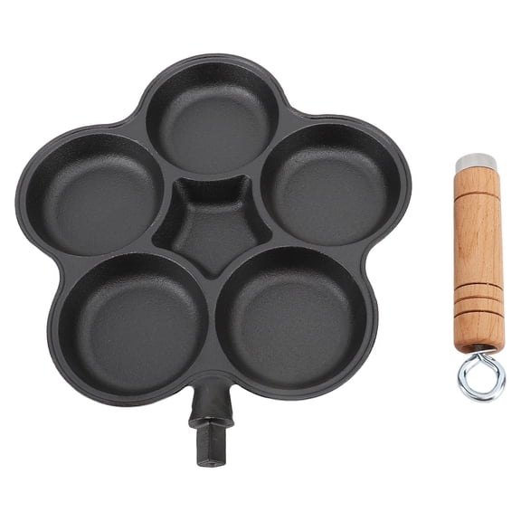 BOKYAN Cast Iron 5Hole Egg Frying Pan Thick Bottom, NonStick, Solid Wood Handle, FastHeating Breakfast Pan for Gas & Induction